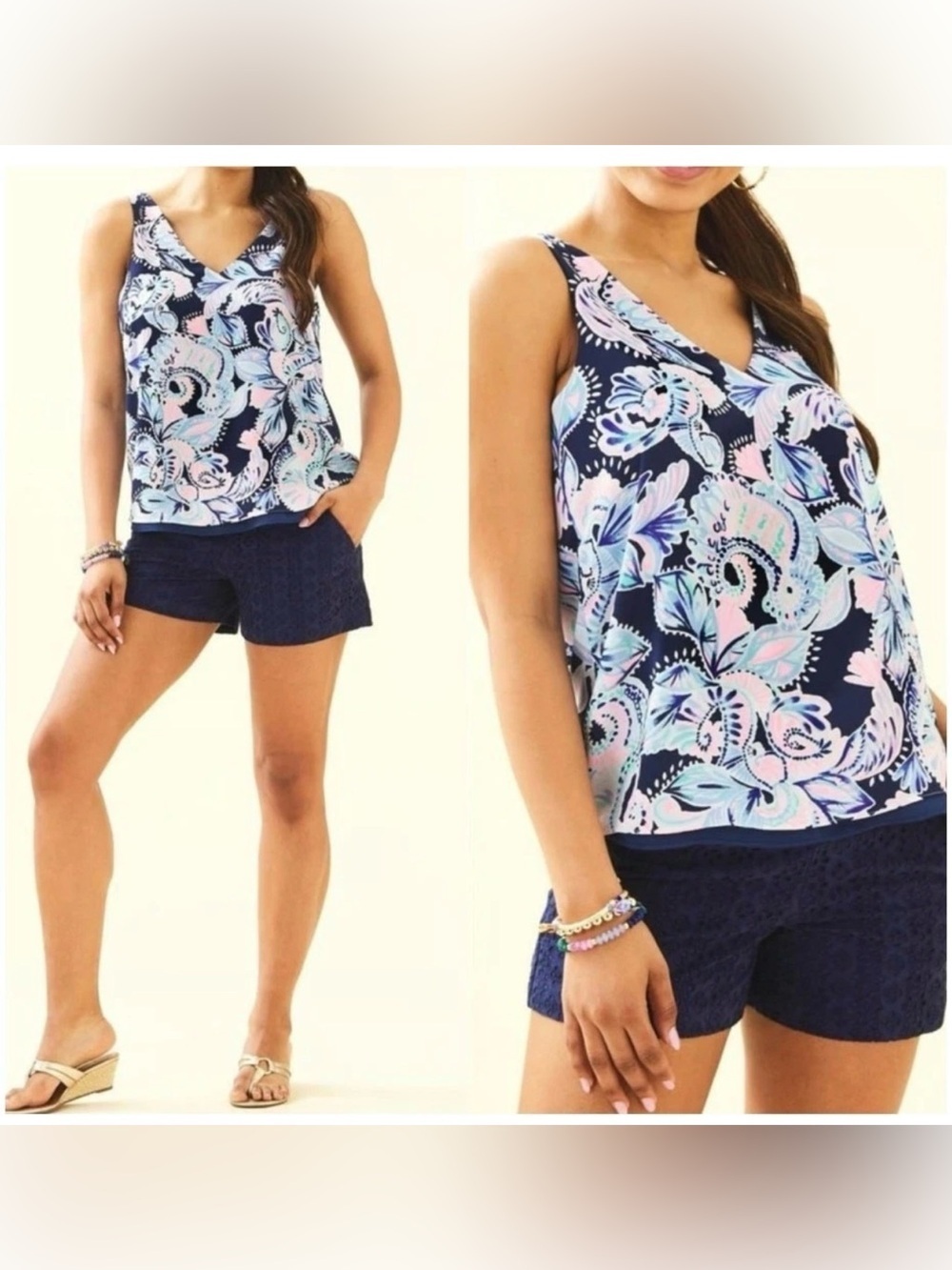Lilly Pulitzer Reversible Florin Sleeveless V-Neck Top Womens Navy Size Small